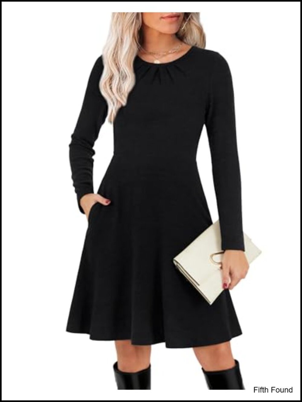 Knit Midi Sweater Dress Long Sleeve Crew Neck A-Line with Pockets